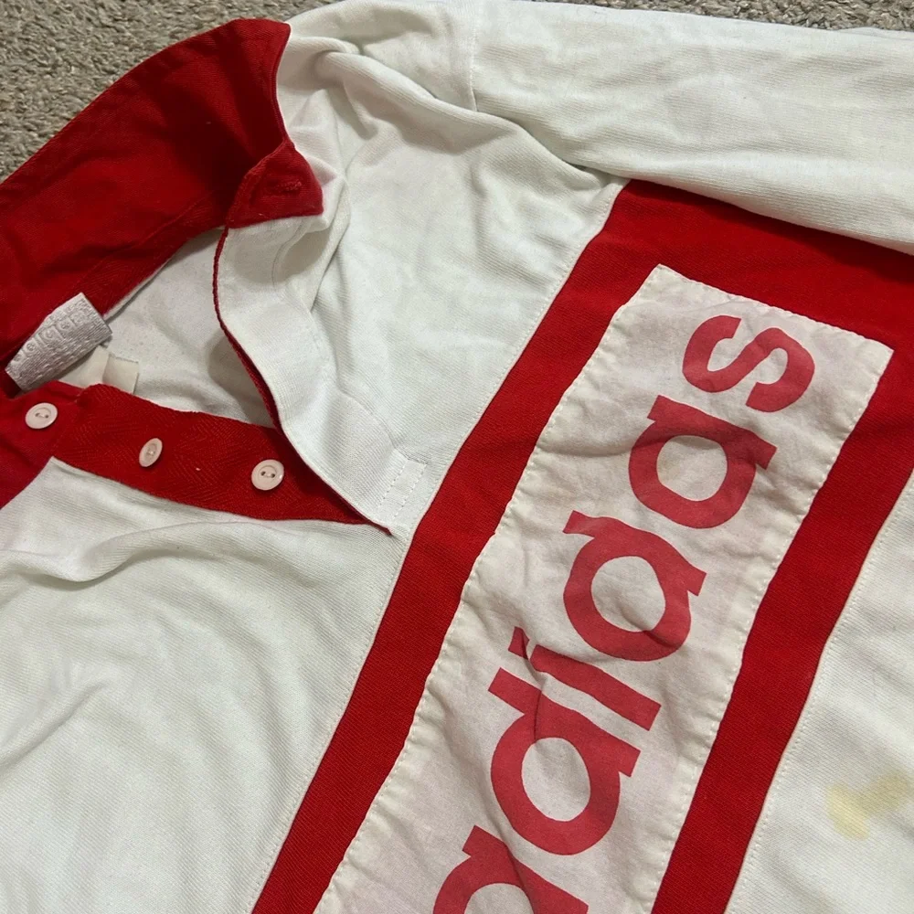 80s ADIDAS Rugby Shirt Vtg. Spellout Long Sleeve Polo Jersey Red White Retro Men